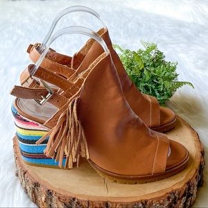 Donald J Pliner Omara Boho Leather Heel Sandals Beaded Indian Blanket Nubuck 7.5